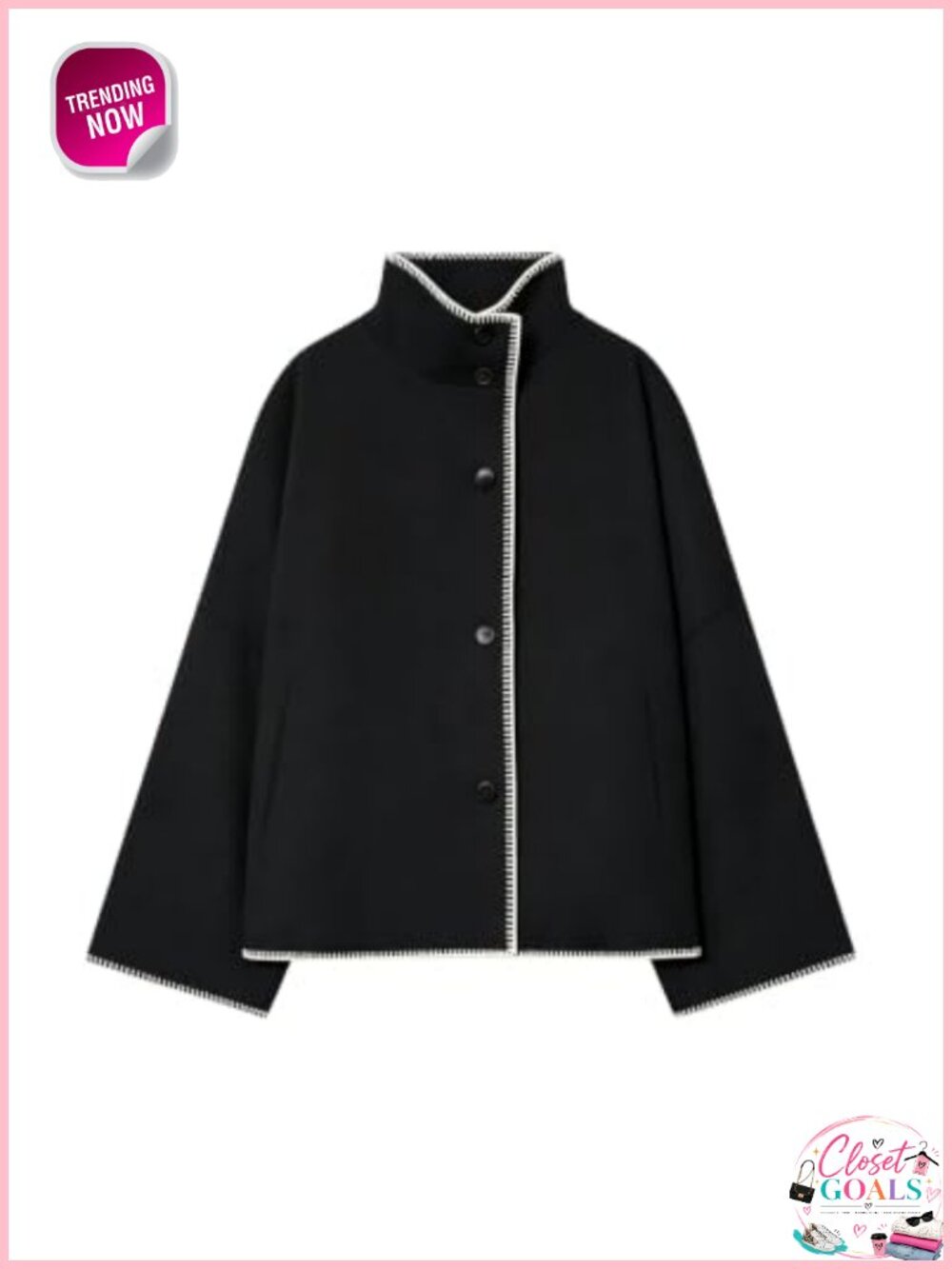 Women's Cropped Wool Blend Pea Coat Oversized Stand Collar Jacket